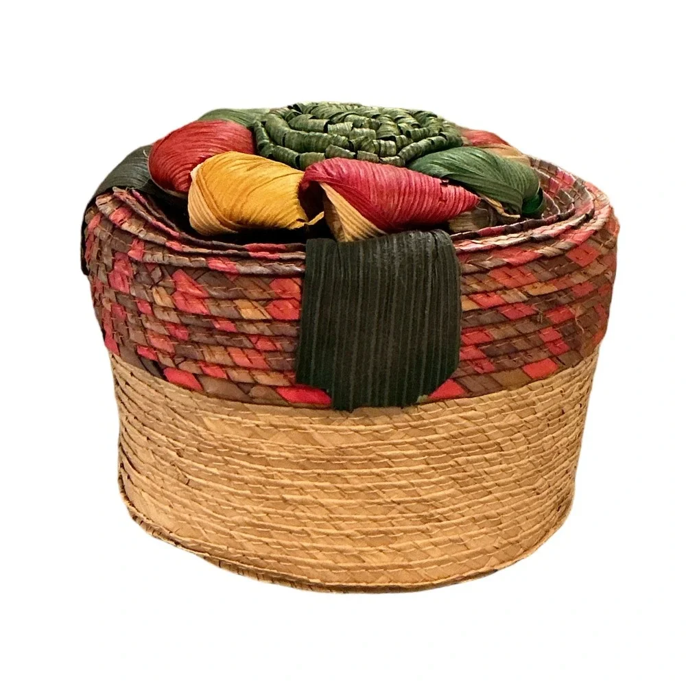 Vintage Woven Straw Trinket Box Floral Lid Round 4 Inch Boho Decor